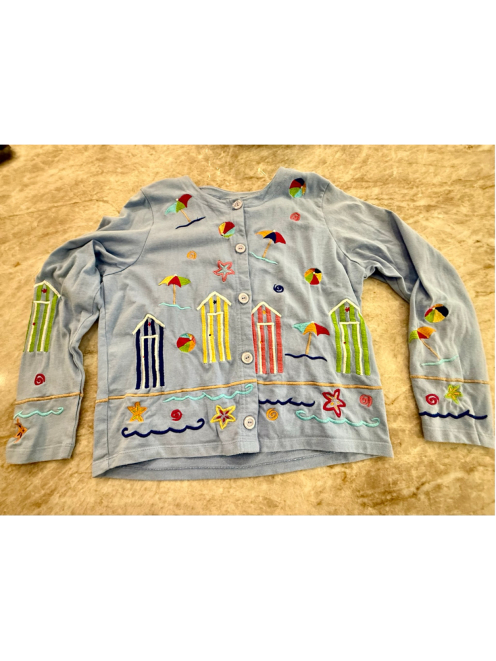 Michael Simon vintage Beach Theme embroidered cotton cardigan Sweater,Blue S